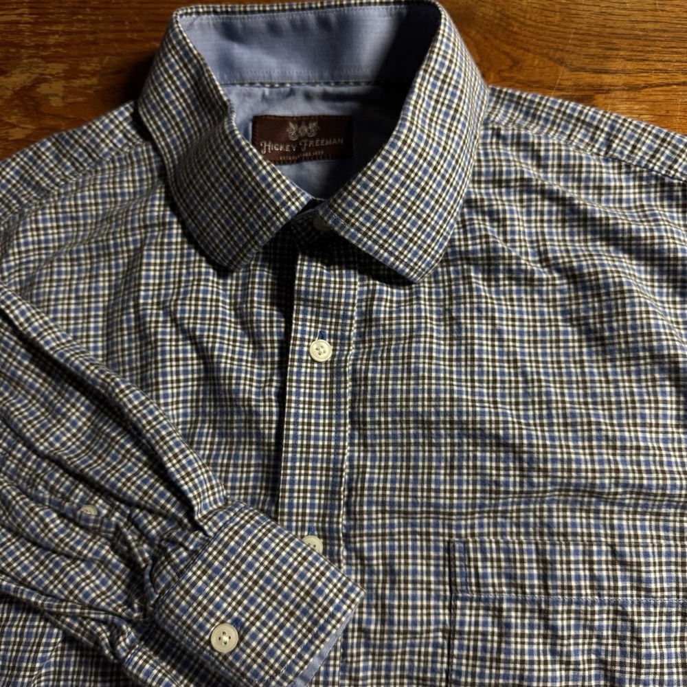 Hickey Freeman Plaid Long Sleeve Button Down XL Brown Blue 100% Cotton